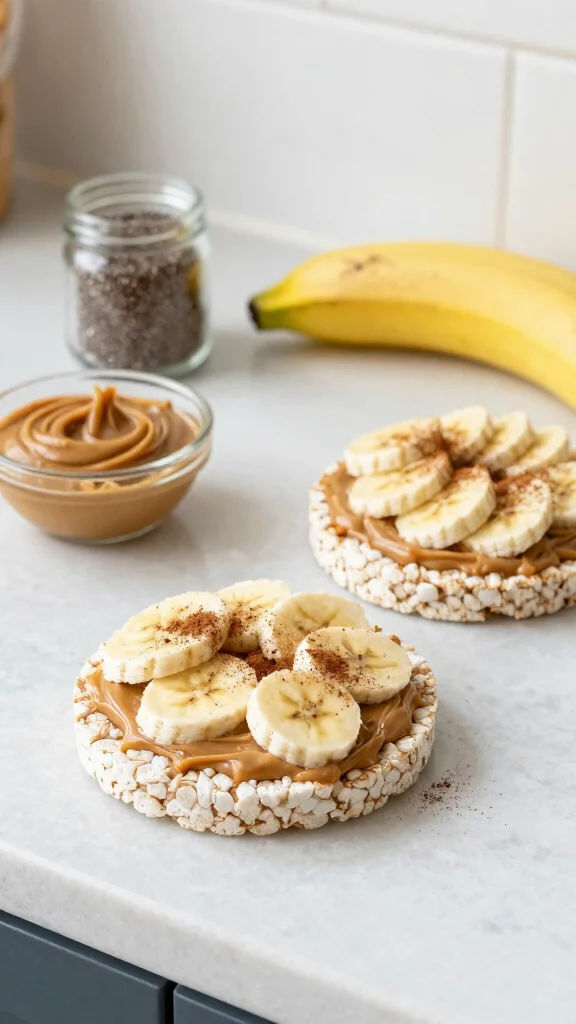 15 Healthy Lunch Snacks for Energy & Clean Eating - 2. Almond Butter and Banana Rice Cakes 1