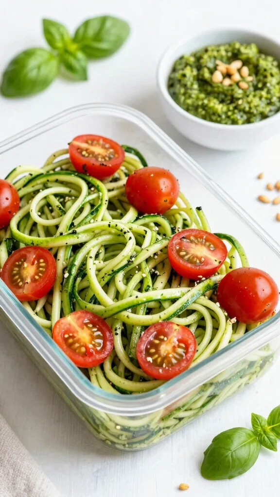 18 Healthy Meal Prep Lunch Ideas for Busy Weeks - 15. Pesto Zoodles with Cherry Tomatoes 1