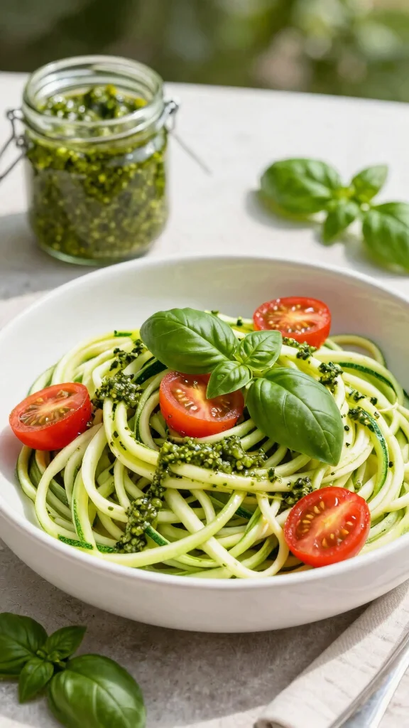 18 Healthy Summer Dinner Recipes Light & Fresh - 4. Zucchini Noodles with Pesto and Cherry Tomatoes 1