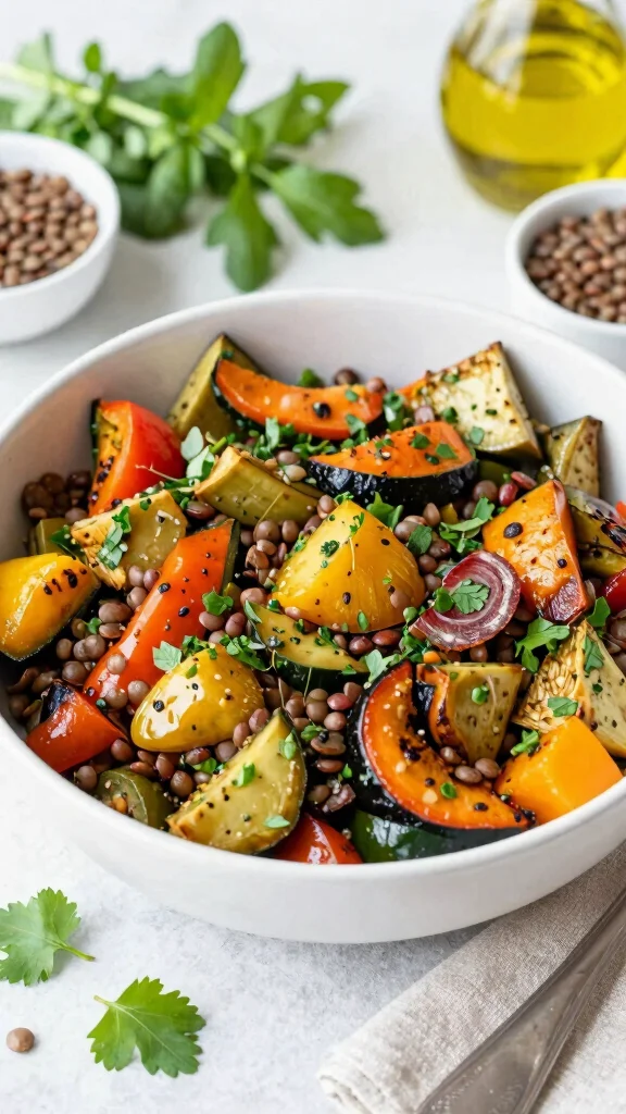 20 Easy and Healthy Lunch Ideas for Busy Days - 5. Lentil and Roasted Vegetable Salad 1