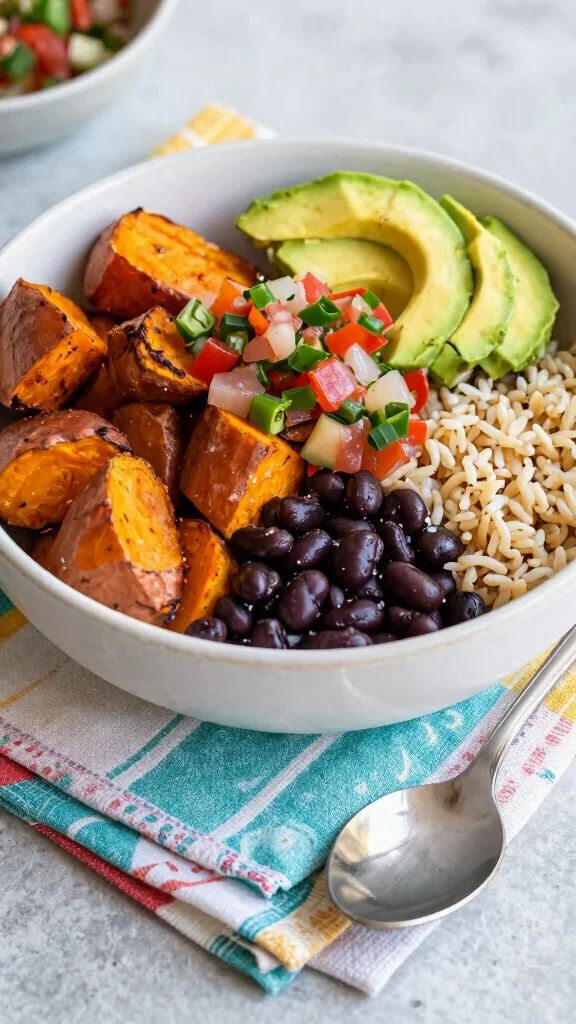20 Healthy Lunch Ideas Easy & Quick to Make - 12. Sweet Potato and Black Bean Burrito Bowl 1