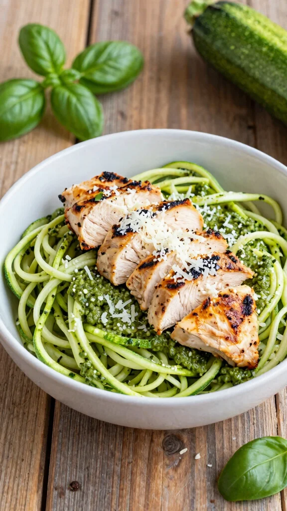 20 Healthy Lunch Ideas for Work: Easy & Meal Prep Friendly - 11. Zucchini Noodles with Pesto and Chicken 1